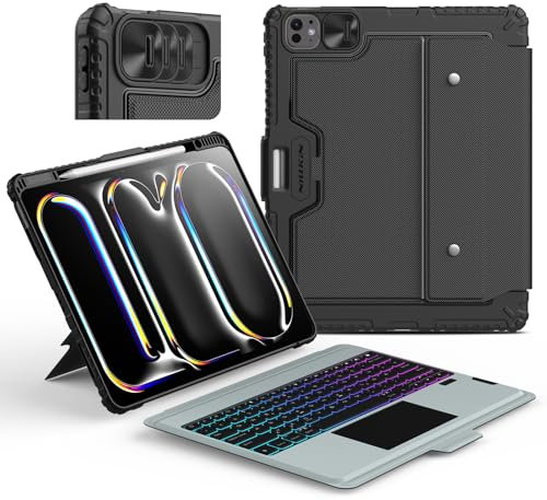 Nillkin iPad Pro 13 Zoll (M5/M4, 2025/2024) Hülle mit Tastatur, Robuste Tastaturhülle mit Kamerabedeckung,Verstellbar, Abnehmbar,Magischem Trackpad, 7-Farben-Hintergrundbeleuchtung,Schwarz