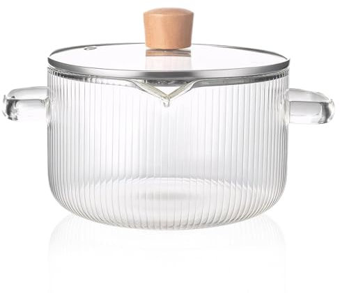 Olla de cocción de vidrio con tapa de 61 oz de doble manejo de doble manejo resistente al calor de la olla de vidrio rayado de vidrio espesor para vino de comida