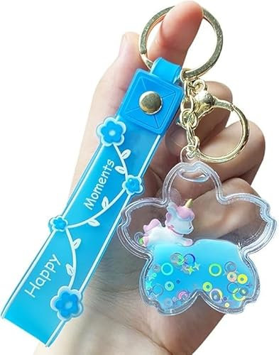 Porte-clés licorne mignon Kawaii liquide Quicksand porte-clés beau romantique flottant fleur de cerisier bouteille porte-clés, yiyayo, Bleu, Taille unique