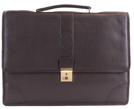 Luigi Genuine Leather Men’s Briefcase – 4 Compartments, Buckle Lock with Key, Inside Zipper Pocket, Golden Zipper, Organizer Section, Detachable Shoulder Strap (Brown)