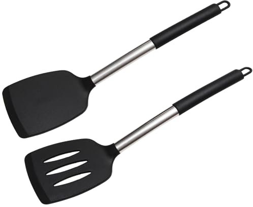 Spatule Cuisine Silicone, Set de 2 Spatules en Silicone avec Manche Inox, Spatule Coudée Résistante à la Chaleur pour Plancha, Friteuse, Noir