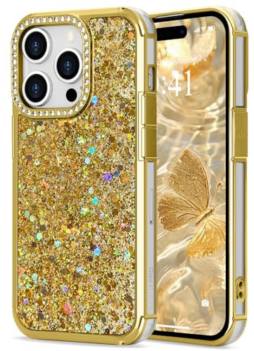 ROSEHUI for iPhone 13 Pro Max Case Glitter,Cute Luxury Sparkly Bling Phone Cases with Diamond Rhinestone,Soft TPU Shiny Camera Lens Protection Shockproof Cover for Women Girls-Gold