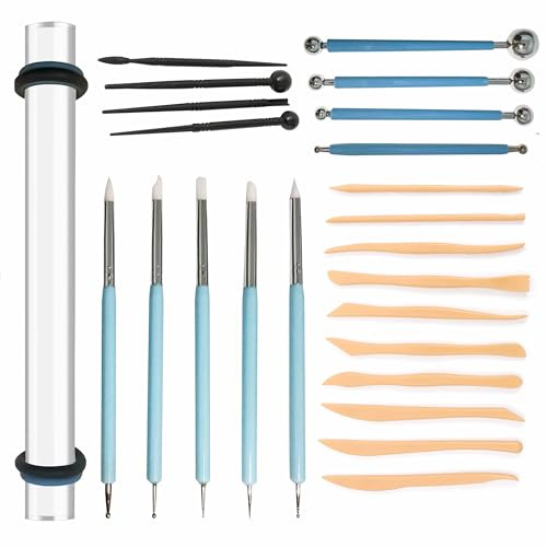 Polymer Clay Tools, 26 Pcs Pottery Sculpting Tools, Ball Stylus Dotting Tools Rolling Pin Modeling Air Dry Clay Tools Set, Ceramic Tools, Carving Tool Kit Engraving, Embossing, Shaping (26)