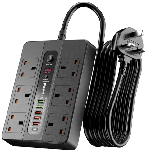 6 Way Power Strip Surge Protected Multi Plug, Extension Lead with USB Slots | Extension Lead with 5 USB and 1 Type-C Ports, 6 Way Power Strip with 1-24 Hour Timer, for Kitchen Office Home, Black