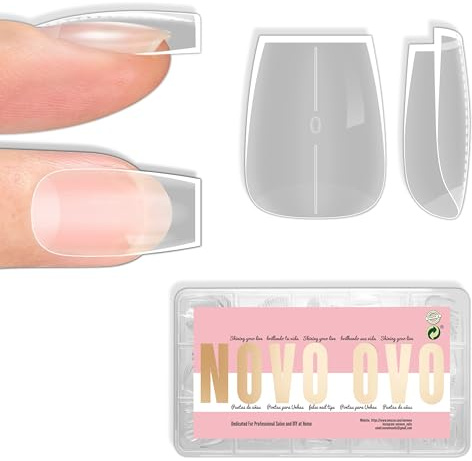 NOVO OVO Short Coffin Nail Tips Press on, Extra Thick Full Cover False Nails, Natural (Not Sculpted) No C Curve Soft Gel Clear Pre-Shaped Fake Nail Extension, for Salon DIY Manicure x 15 Sizes 240 pcs