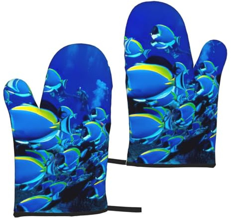 Ofenhandschuhe mit blauen Fischen, wasserfest, hitzebeständig, 15 x 27,9 cm, rutschfeste Grillhandschuhe zum Kochen