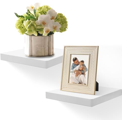 FURAOMEILI Schwimmende Wandregale, 2er-Set, 20,3 cm Massivholz-Quadratregale, kleine dekorative Wandregale für Badezimmer, Schlafzimmer, Wohnzimmer und Küche – Weiß