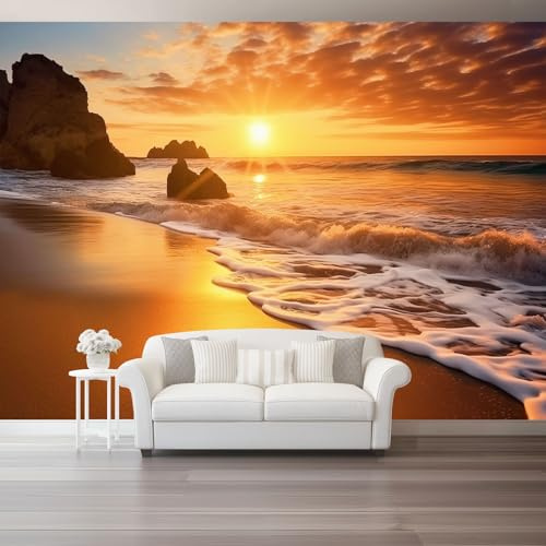 Fototapete Orange Farbe 3D EFFEKT Wandbild UV-Beständig, Natur Sonnenuntergang Strand Meer Wand Dekoration Wandtapete für Wohnzimmer Schlafzimmer Kinderzimmer, 300 x 210 cm