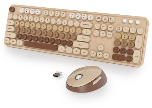 Vumilstek Coffee Brown Keyboard and Mouse Set Wireless, American QWERTY Retro Typewriter 2.4GHz Full Size Round Keys with Number Pad for Students Home Office PC Laptop(Coffee)