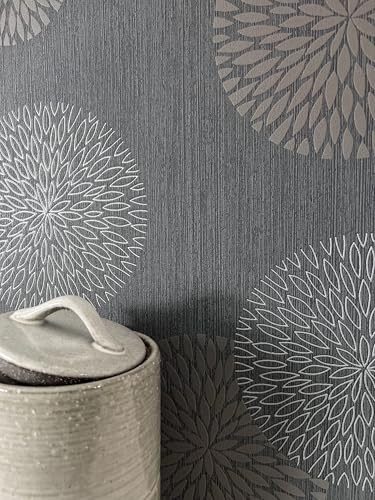 Newroom Vliestapete Grau Kreise Retro Mustertapete Wohnzimmer | Dunkles Anthrazit mit hellen Konturlinien, Glanzkontrast, Industrial-Look, grafisch elegant, Vlies-Wandtapete Flur Büro