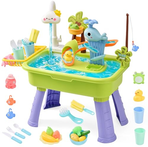 LTFIOON 4-in-1 Wasserspielbecken für Kinder, Wasserspieltisch mit Pumpe/Wasserfluss/Gemüse-Set/Angelspiel/Wasserrutsche, Wasserspieltisch Kinder Outdoor, Sensorisches Aktivitätsspielzeug ab 3 Jahren