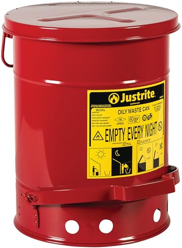 Justrite SoundGuard Steel Oily Waste Bin mit fußbetätigtem Deckel, 20 L, Rot