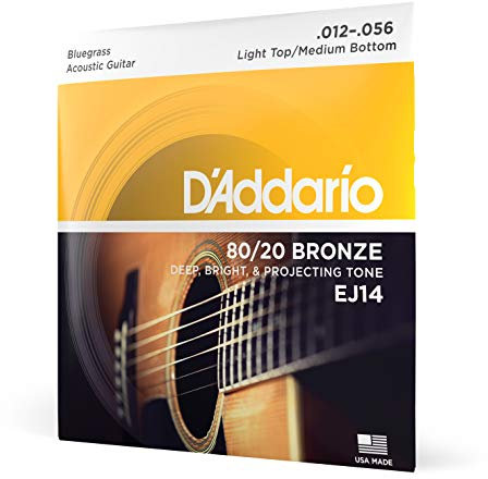 Cuerdas D'Addario para guitarra acústica, 80/20 Bronce, EJ14, Bluegrass, calibre ligero arriba/medio abajo 12-56, juego de 6 cuerdas, paquete de 1