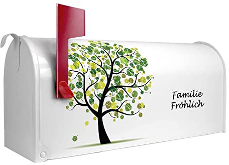 banjado® Amerikanischer Briefkasten - US Mailbox/Letterbox mit Motiv WT Laubzauberbaum 51x22x17cm - Postkasten Stahl aus Amerika – Briefkasten amerikanisch weiß pulverbeschichtet