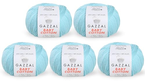 5 Knäuel (Packung) insgesamt 250 g Gazzal Baby Cotton je 50 g / 165 m weiches, feines Babygarn, 60 % Baumwolle, blau – 3451