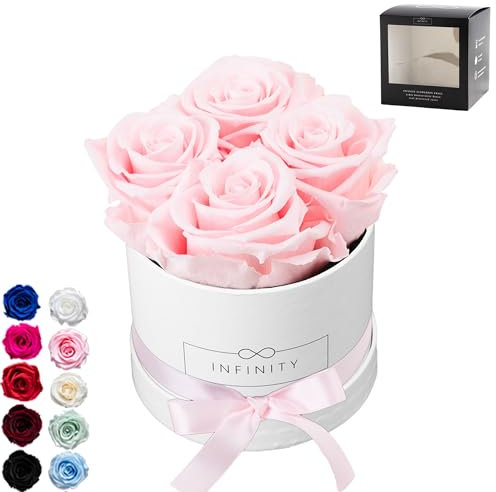 Infinity Flowerbox - 4 echte Infinity Rosen (3 Jahre haltbar ohne Wasser) - Direkt mit Geschenkverpackung geliefert I Handgefertigt in Berlin I Geschenk für Frauen (Rosa Rosen mit weißer Rosenbox)