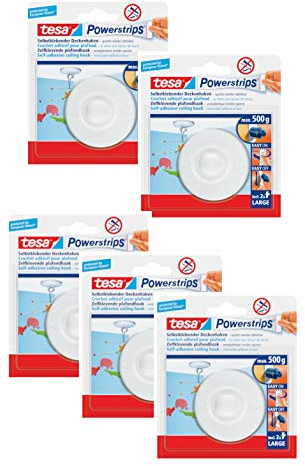 tesa Powerstrips Deckenhaken/Drehbarer Haken aus hochwertigem Kunststoff zum Kleben/Bis 0,5kg / Rüchkstandslos entfernbar (1x 5 Haken)