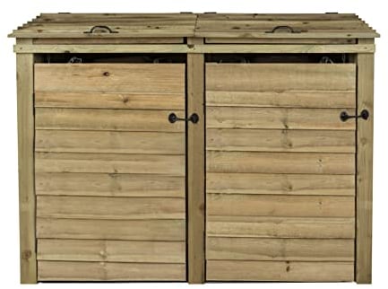 Wheelie bin storage pressure treated garden recycling store lid shed outdoor trash cover (Double, Without recycling shelf, Natural (Light Green))