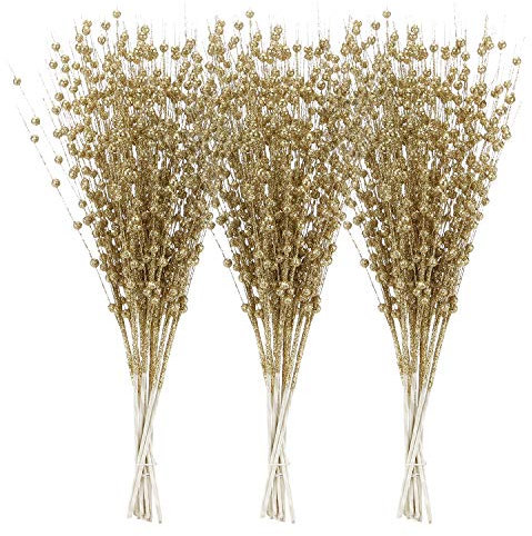 Sea Team 24-Pack Artificial Glitter Berry Stem Ornaments, Decorative Bead Sticks, Glittery Twigs, Picks, Branches for Christmas Tree, Small Vase, Holiday, Wedding, Party (17 Inches, Gold)