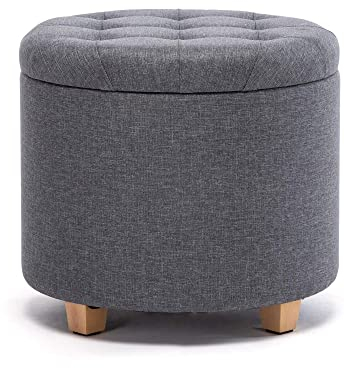 HNNHOME Aufbewahrungshocker, rund, gepolstert, Leinen, mit abnehmbarem Sitz zur Aufbewahrung, 45 cm Durchmesser, Grau