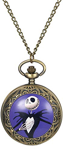 JewelryWe Totenkopf Taschenuhr Herren Kette: Vintage Schädel Skelett aus The Nightmare Before Christmas Kettenuhr Analog Quarz Uhr mit Halskette Geschenk Bronze