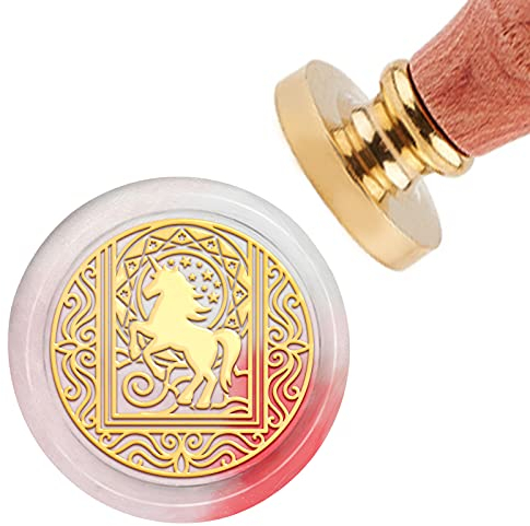 CRASPIRE Siegellackstempel Einhorn, Wachssiegelstempel 30mm Runder Messingkopf Mit Univerdal Holzgriff Für Hochzeit Versiegelung Brief Karte Geschenk Einladung Scrapbooking