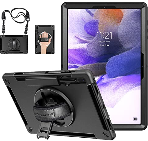 Hülle für Samsung Galaxy Tab S7 FE 2021 : Robuste 3-lagige stoßfeste Hülle in Militärqualität für Tab S7 Plus 12.4 Zoll mit drehbarem Ständer - S Pen-Ständer - Handschlaufe - Schultergurt - Schwarz…