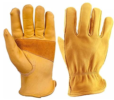 TSQZE Arbeitshandschuhe Winter Wasserdicht Leder Gartenhandschuhe, 1 Paar Herren Schutzhandschuhe Leder Montagehandschuhe Dornensichere Handschuhe Für Garten/Bauernhöfe/Bauen/Motorrad(M,Gelb)