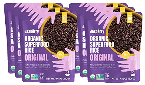 Jasberry Organic Superfood Rice Original 200g (Pack of 6), 100% Whole Grain Thai Rice, High Antioxidants. Ready to Eat, Instant Meal, No Added Sugar, USDA Organic, Non-GMO, Gluten-Free, Vegan