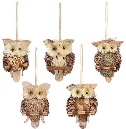 HanOBC 5 PCS Christmas Hanging Owl Ornament - Handmade Brown Straw Owl with Hemp Rope, Perched on Twig Decorations for Christmas Tree Home Decor