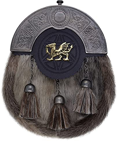 Imperial Kilt Products - Schottische Kilts Sporrans für Herren, Abzeichenstil mit walisischem Drachen-Sporran mit Leder-Kilt-Gurt und Kette in Antik-Optik, für Herren und Jungen,