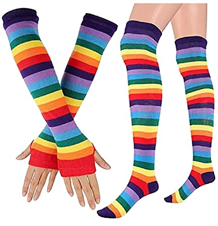 ccHuDE 2 Stück Baumwolle Armstulpen Socken Regenbogen Oberschenkel Hohe Socken Bunte Fingerlose Handschuhe Lange Gestreifte Socken Mehrfarbig, Mehrere Farben, Mixed Size