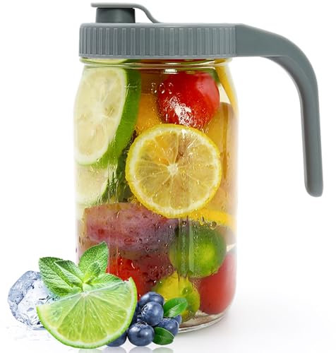 Mason Jar Pitcher with Lid and Spout, Mason Jars 32oz Wide Mouth, Heavy Duty, Leak Proof Cold Brew Coffee Maker Mason Jar Pitcher with Handle for Breastmilk, Fruit/Eistea, Flip Cap Glass Jugs