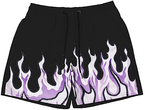 BOOMLEMON Herren-Basketball-Shorts, lässig, Workout, athletische Shorts, Netzstoff, Flammen-Grafikdruck, Laufhose, Cool Flame Black, Groß
