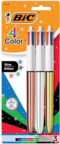 BIC 4 Color Shine Lot de 3 stylos à bille rétractables avec encre longue durée et pointe moyenne de 1 mm Encre assortie