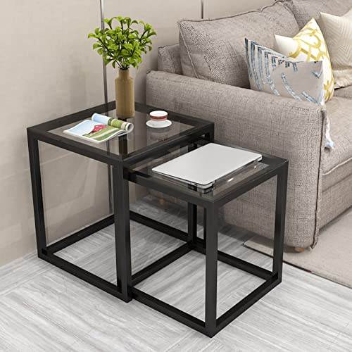 Lot de 2 Tables d'appoint carrées, Table Basse avec Plateau en Verre trempé Lisse, Table de canapé avec Cadre en métal, Table à thé gigogne Moderne pour Salon, Balcon, Chambre, Appartement,