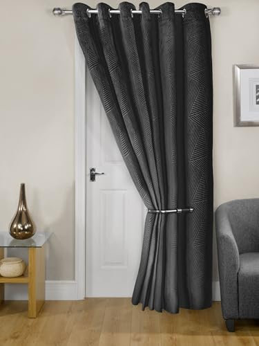 Emma Barclay Midnight - Embossed Velvet Woven Thermal Eyelet Door Curtain (Black, Width 66 x 84Drop (168x213cm))
