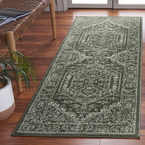 SAFAVIEH Läufer 76 x 244 cm - Adirondack Collection - Traditionelles Design, Dunkelgrün & Elfenbein, Pflegeleichte Synthetikmischung, Ideal für Wohnzimmer, Schlafzimmer, Flur