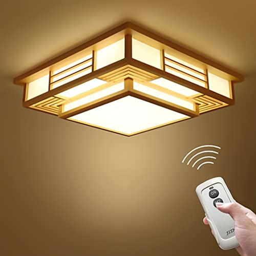 Vielrosse Japanische LED Deckenleuchte, Holz Tatami Lampe mit Fernbedienung 3 Farben Einstellbar Weiß/Warmweiß/Neutrale Farbe PVC-Schaffellimitat Lampenschirm für Wohnzimmer Schlafzimmer