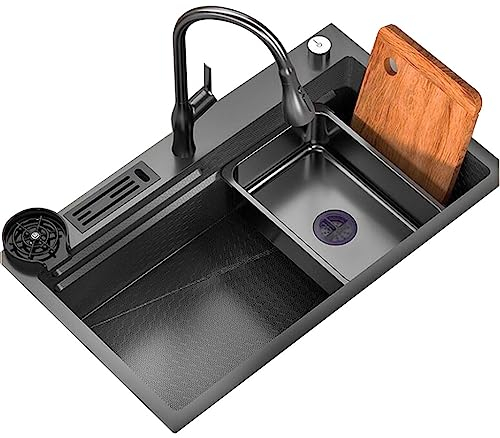 ASerZenith Küche, Geschirrspülbecken, Edelstahlspüle mit Glasscheibe, Wasserhahn, Café, Bar, Wasser, Pool, Siphon, Waschbecken (schwarz, 75 x 45 x 22 cm)