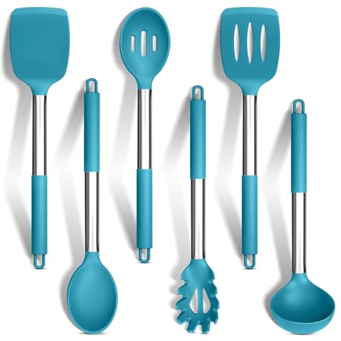 HaWare Silicone Kitchen Utensils Set, 6 Pcs Cooking Utensils with Stainless Steel Handle, Heat Resistant Kitchen Tools for Non-Stick Cookware, Ladle Turner Spoon Pasta Server, Dishwasher Safe-Blue