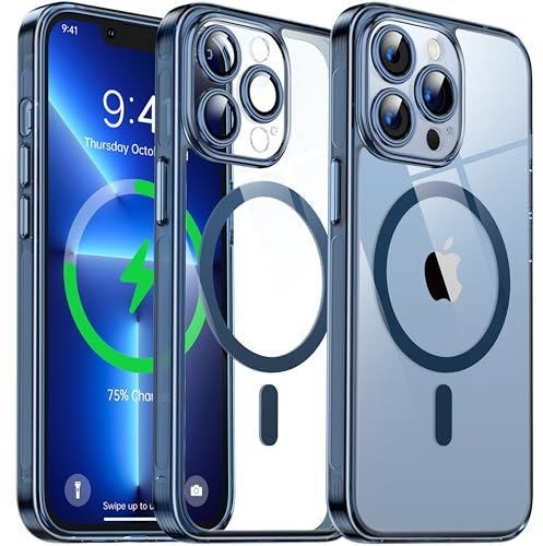 Flyzoo Clear Magnetic Case for iPhone 13 Pro Max (6.7'') Compatible with MagSafe & Camera Protector, [Non-Yellowing] [Shockproof & Antiscratch Protection] Hard Transparent Cover with Silicone, Blue
