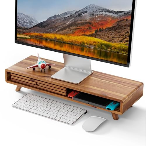 Tinamo Acacia - Soporte elevador para monitor con puerta corredera, elevador de madera para escritorio, soporte de monitor de computadora para escritorio, soporte de almacenamiento multiusos para