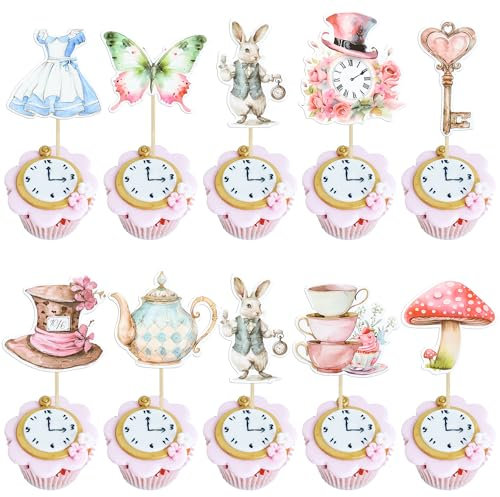 Ephlyn 36Pcs Wonderland Cupcake Toppers Tea Party Cake Decorations Butterfly Flower Bowl Key Clock Eat Me Cupcake Picks for Baby Shower Birthday Kids Birthday Party Decorations
