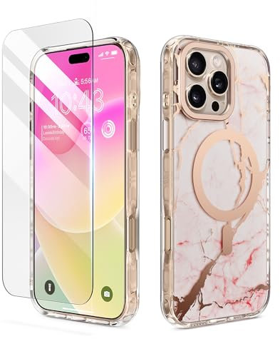 MATEPROX Custodia Magnetica per iPhone 16 Pro, Custodia Protettiva Rigida con Design Marmo, Compatibile con MagSafe, Anti-Graffio, Slim Cover per iPhone 16 Pro 2024-Rosa Opacizzato