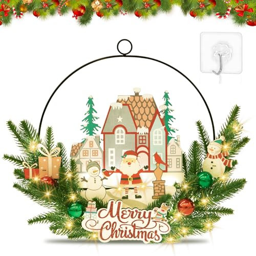 ITMNMNL Corona Navidad,Corona Navidad Puerta,Corona de Navidad para Puerta,Adornos Navidad Puerta,Coronas de Navidad,Coronas Navideñas para Puertas,Papá Noel y Muñeco de Nieve,Madera,con Gancho,35cm