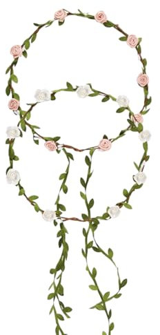 2 PCS Blumenkranz Haare Blumenkrone, Damen Mädchen Boho Blumen Haarband, Haarreifen Damen Stirnband, Braut Handgemachte Hochzeit Blume Blatt(Weiß und Rosa)