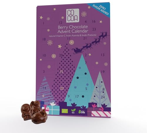 CO COA Low Carb Adventskalendern 180g – Schokolade mit Heidelbeere und mit Acerola – Adventskalender ohne Zuckerzusatz, BIO, mit präbiotischem Inulin