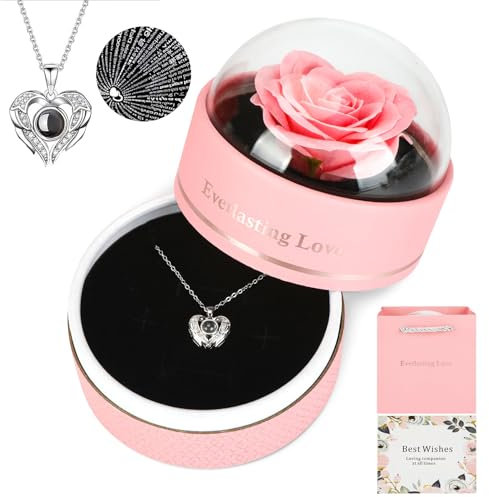 MUCOOS Pink Eternal Rose Jewelry Gift Box with Preserved Flowers I Love You Necklace Delivered in 100 Languages Gifts for Women, Girlfriends, Ideal for Christmas and Valentine's Day Gifts!
