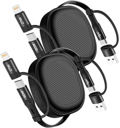 YTLUSN 5 in 1 Retractable Charging Cable(4FT 2Pack), PD 60W USB A/C to Lightning/USB C Fast Charging Cable Multiple Charger Cord for iPhone 16/15/14/13/12/11 Pro Max/SE/iPad/CarPlay ﻿